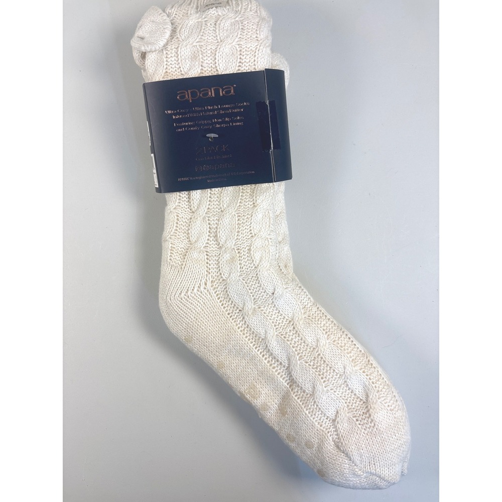 Apana 2 Pack Shea Butter Infused Lounge Socks Cream Cable Knit Non-Slip Sherpa